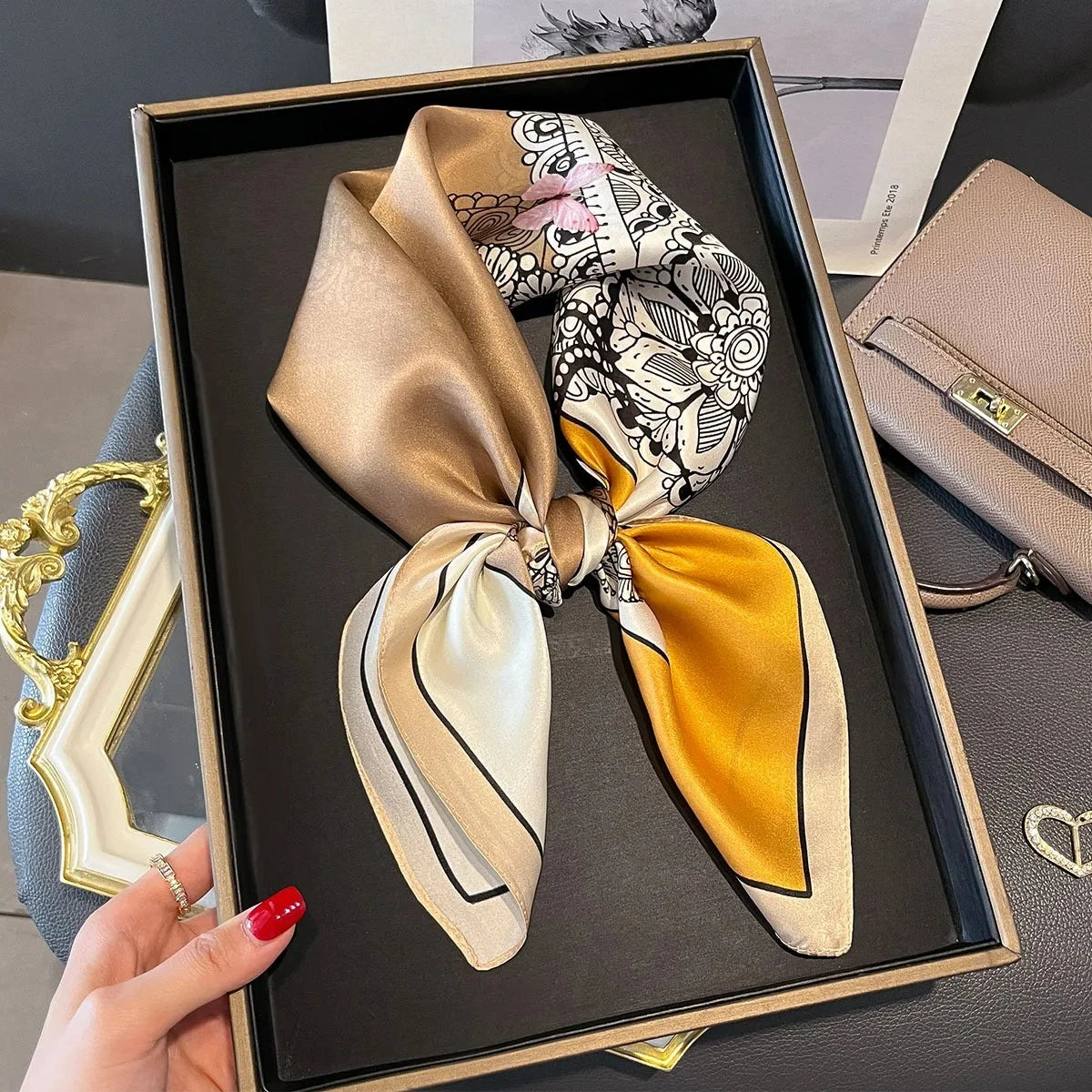 Silk Scarf 100% Real Silk Neckerchief — Luxury-inspired Hair Tie, Bag Charm, Neck Wrap — view 6 of scarves & wraps
