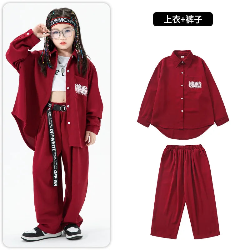 Kid Kpop Hip Hop Clothing Khaki Shirt Jacket Casual Streetwear Cargo Jogger Pants for Girl Boy Jazz Dance Costume Clothes Set