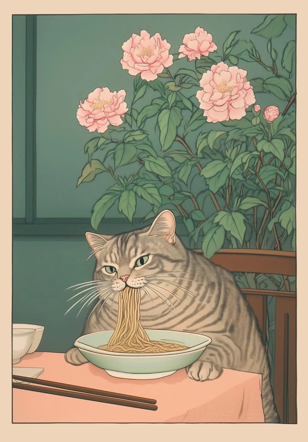 Japanese Tabby Cat in Bathtub Canvas Poster &mdash; Retro Japandi Wall Art for Bathroom &amp; Home — view 17 of wall art & prints