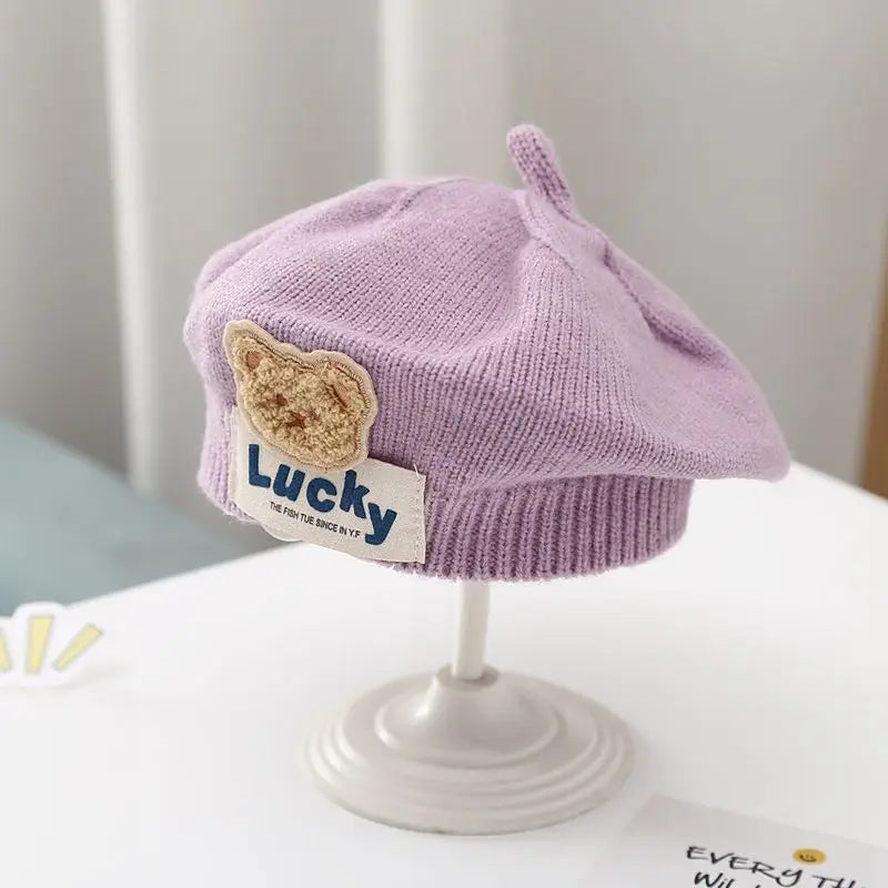 Flower Baby Beret Hat - Knitted Painter Cap for Infant Girls, Cute Toddler Princess Beret