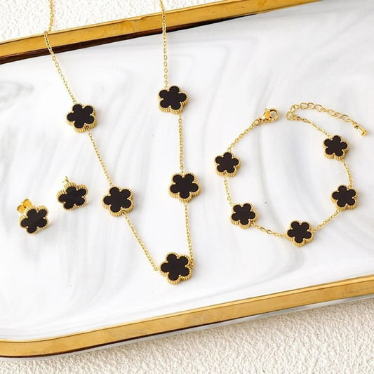 3-Piece 18K Gold-Plated Five-Leaf Flower Jewelry Set Necklace Earrings & Bracelet Clover Pendant Set