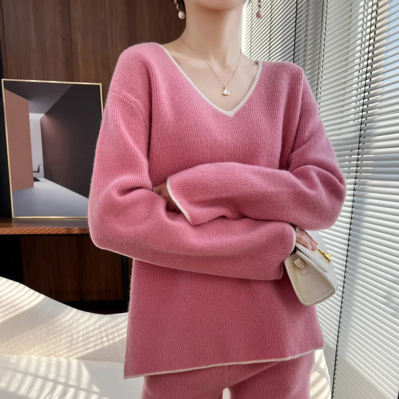 Spring and autumn new suit 100% wool shorts suit women's knitted loose color matching V-neck thin sweater two-piece suit