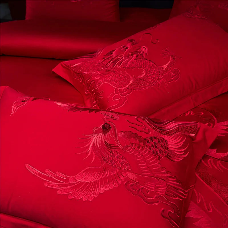 Loong Phoenix Embroidered Satin Bedding Set – Luxury Chinese Wedding Red Cotton Duvet Cover & Bed Sheet