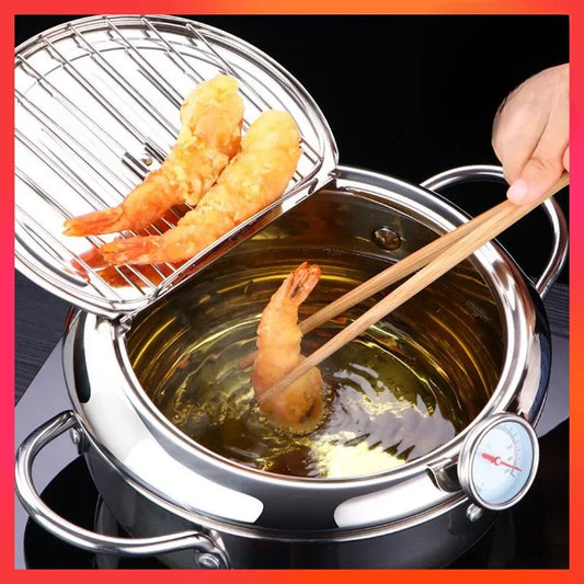 Japanese Style Deep Fryer Stainless Steel With Thermometer And Basket And Lid Kitchen Tempura Fry Pan Deep Fry Kitchenware