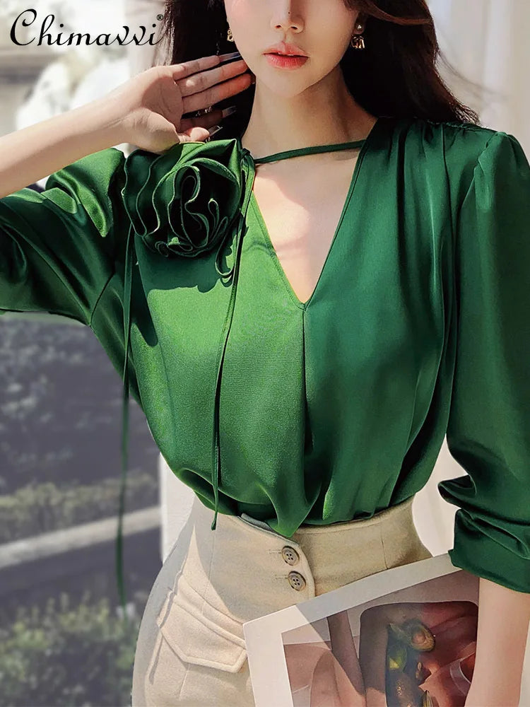 New Fashion Three-dimensional Flower Green Shirt Top Spring and Autumn Commuting Long-sleeved Loose Elegant Blouse Women Blusas