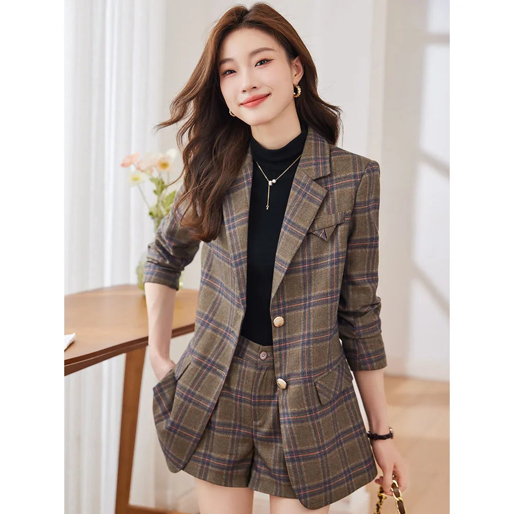 Tesco Fashion Plaid Women's Suit Blazer Spring Short Pants 2 Piece Casual Outfits For Prom Party England Style Pantsuit