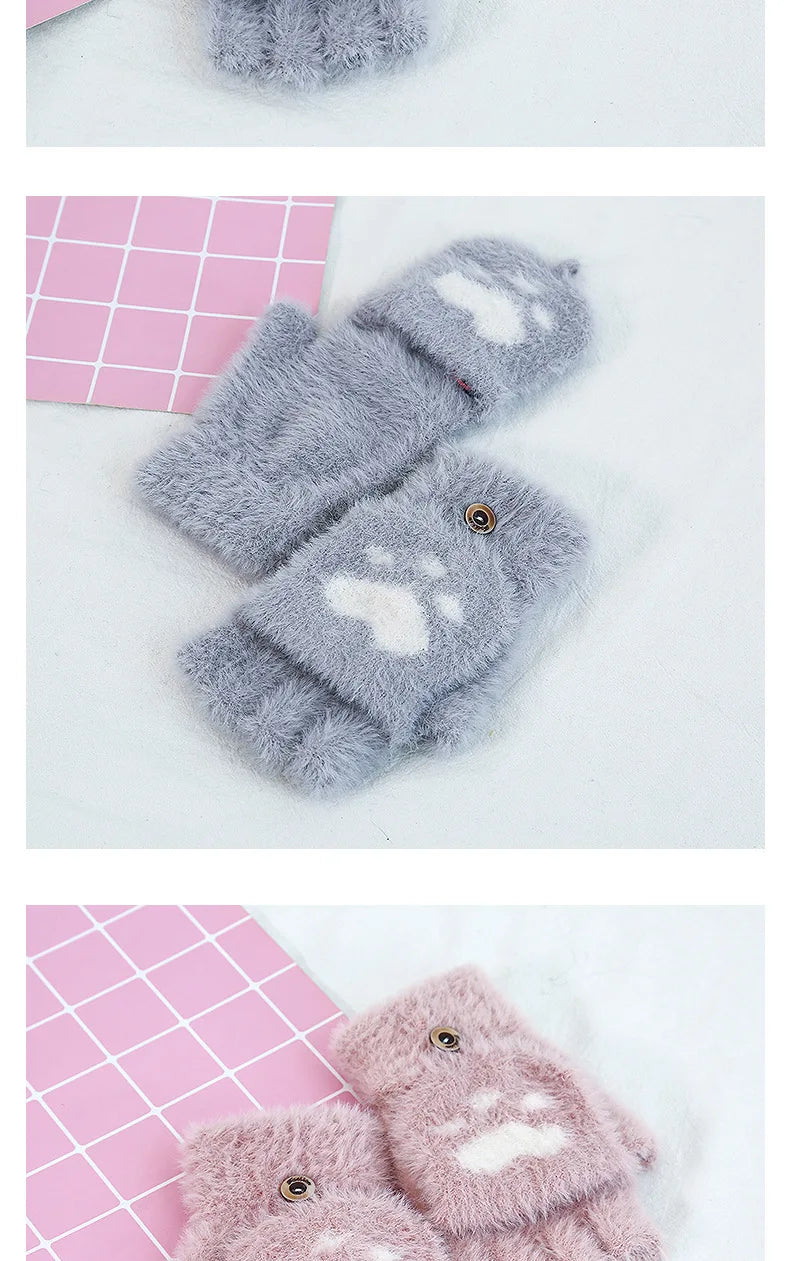 Thicken Women Warm Cat Gloves Fashion Girls Cat Claw Paw Plush Mittens Soft Plush Short Fingerless Half Finger Winter Gloves