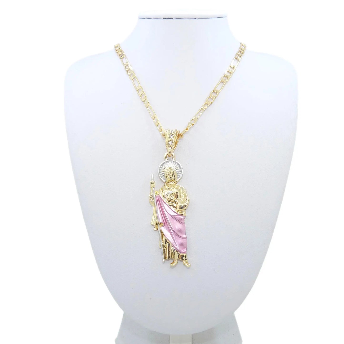 Saint Jude Necklace — 14K Gold Plated San Judas Pendant Figaro Chain Jewelry — view 3 of jewelry