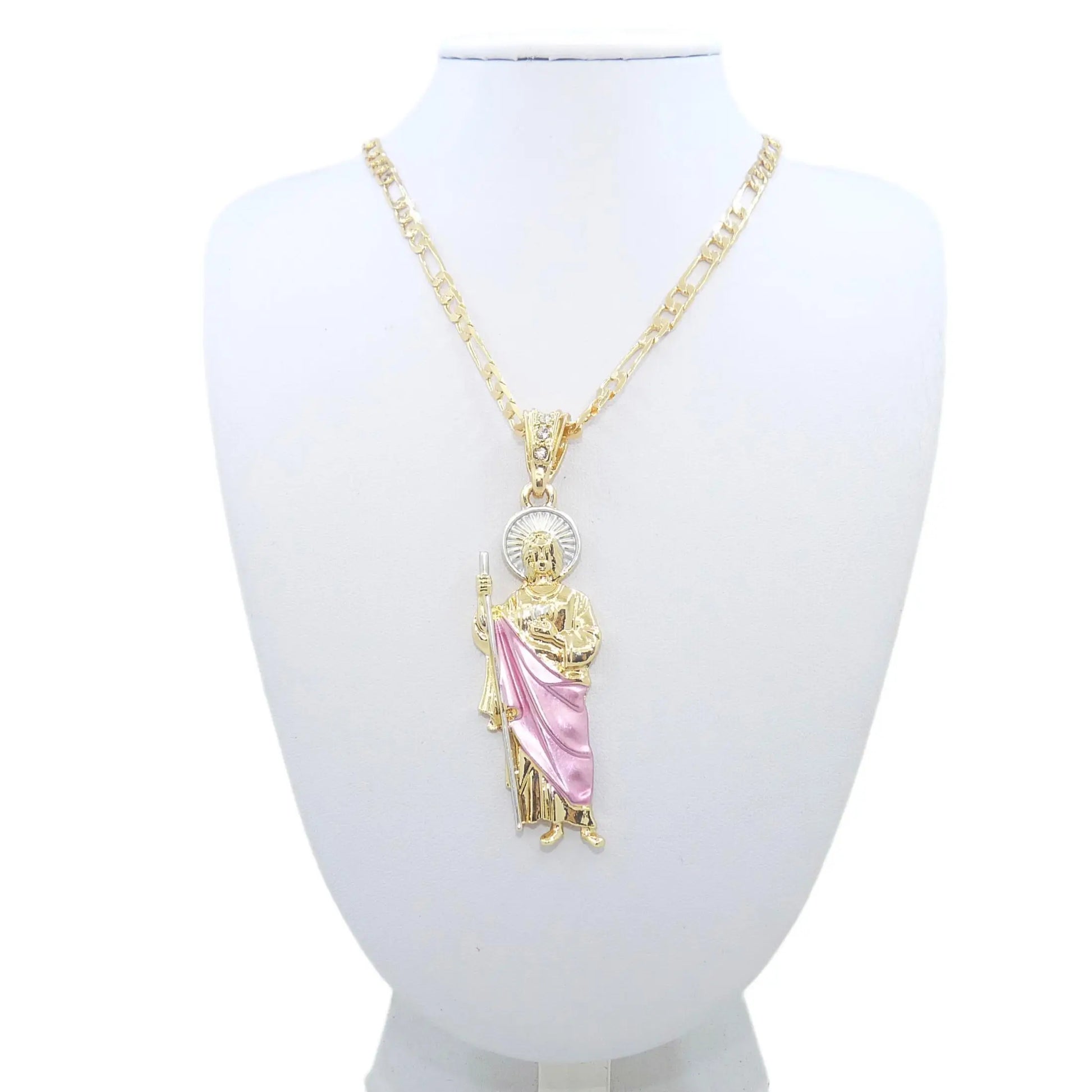 Saint Jude Necklace — 14K Gold Plated San Judas Pendant Figaro Chain Jewelry — view 3 of jewelry