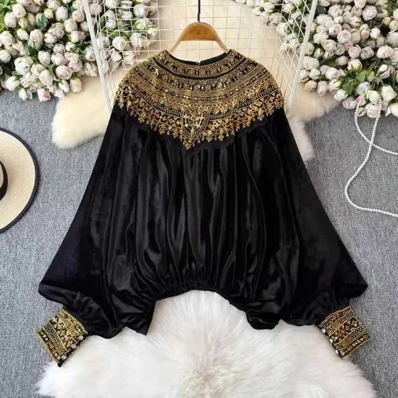 Vintage Blouses Women's Clothing Sequin Velvet Shirts 2024 Blusas De Mujer Temperament Lady Tops Loose Fashion Korean Blouse