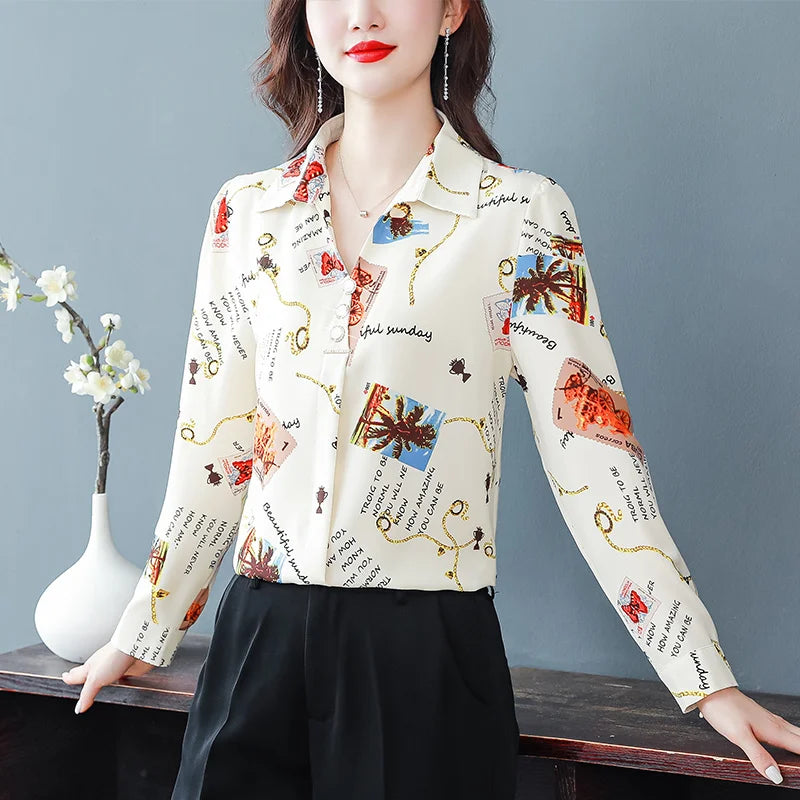 Spring Printed Chiffon Shirt – Women’s Slim Vintage Long-Sleeve Retro Blouse