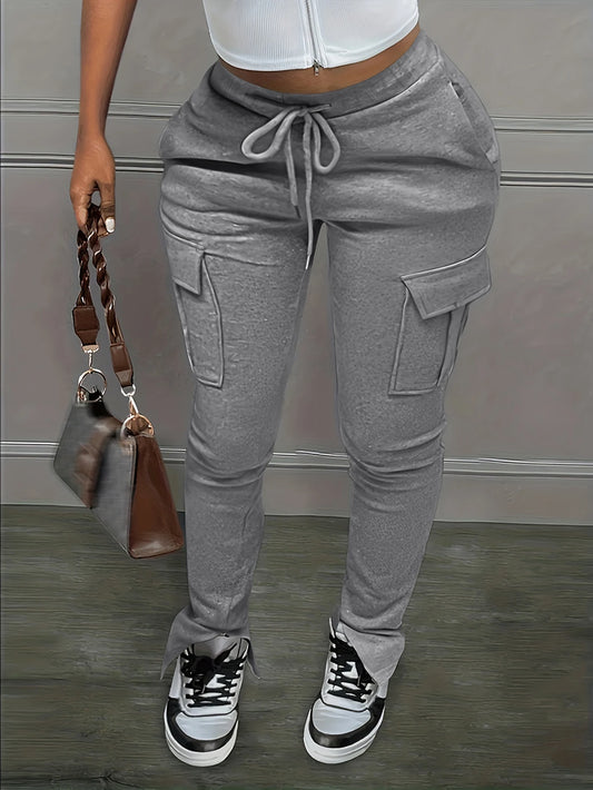 LW Side Pocket Drawstring Sweatpants Autumn Winter Casual Mid Waist Side Split