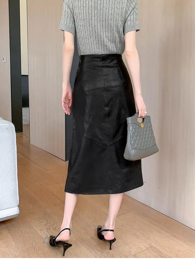 Women Long 30inch Real Leather Skirt Euro-American Calf-Length  Sheepskin Slim Pencil Skirt With Femme Side Fork Split Saia