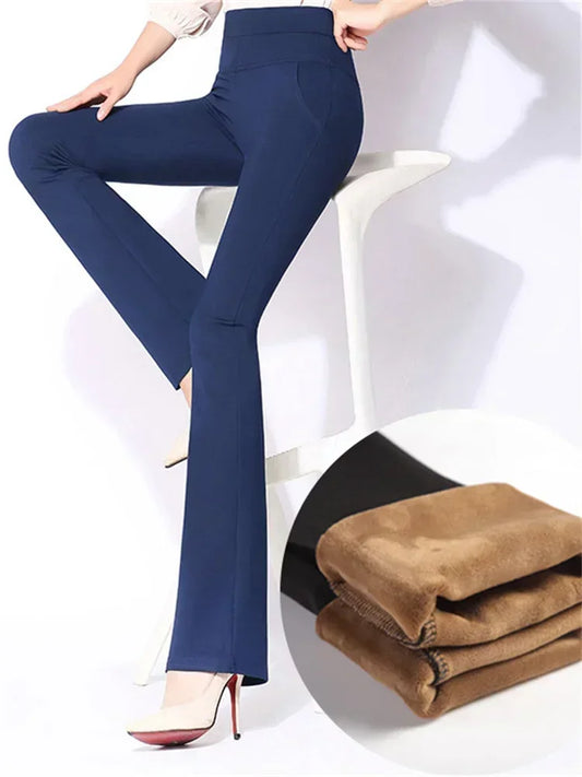 Women Winter Warm wide leg pants Velvet Thick Trousers High Waist Elastic Middle aged Mother Stretch flare Pants clothes 5XL