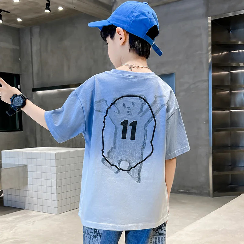 Summer Gradient Sport T-Shirt – Junior Boys’ Casual Short-Sleeved O-Neck Top