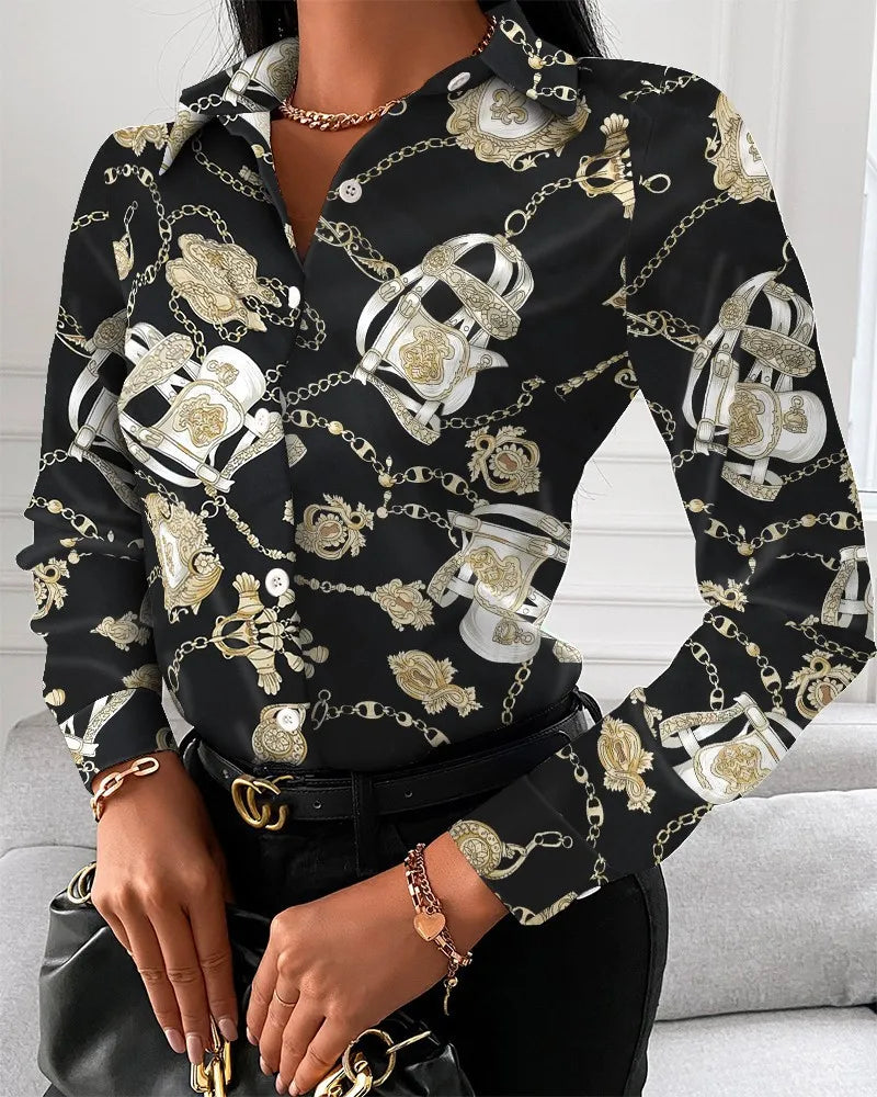 Women casual office printed shirt spring and autumn fashionable button up long sleeved shirt elegant splicing slim fit top women