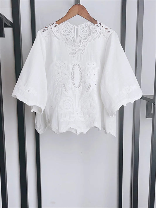 Lace Embroidery Hollow Out Women's White Blouse 2024 New French Half Sleeve Ladies Elegant Summer Wave Hem Pullover Loose Top