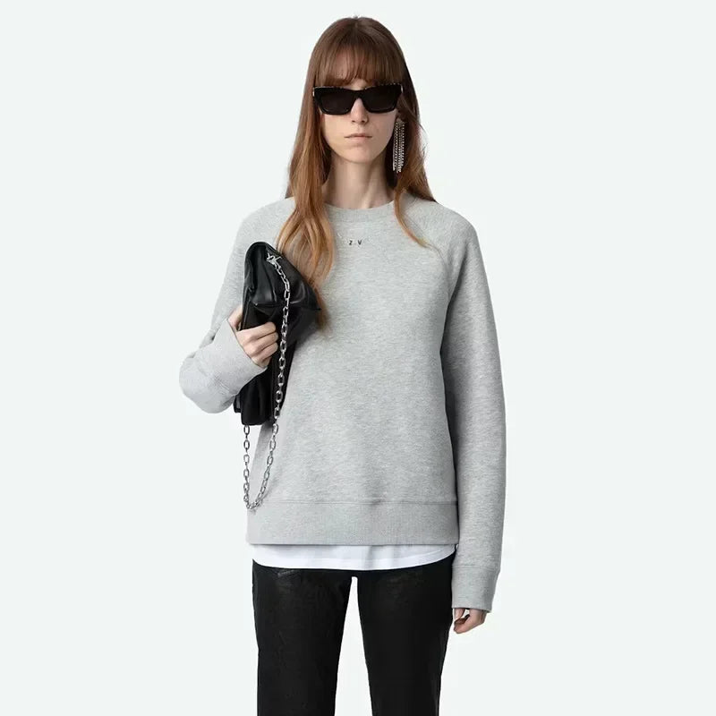 New 24 Winter Hoodies for Women-French ZV Wing Print, Gray Cotton Sweatshirt with Diamond-Studded Sleeves