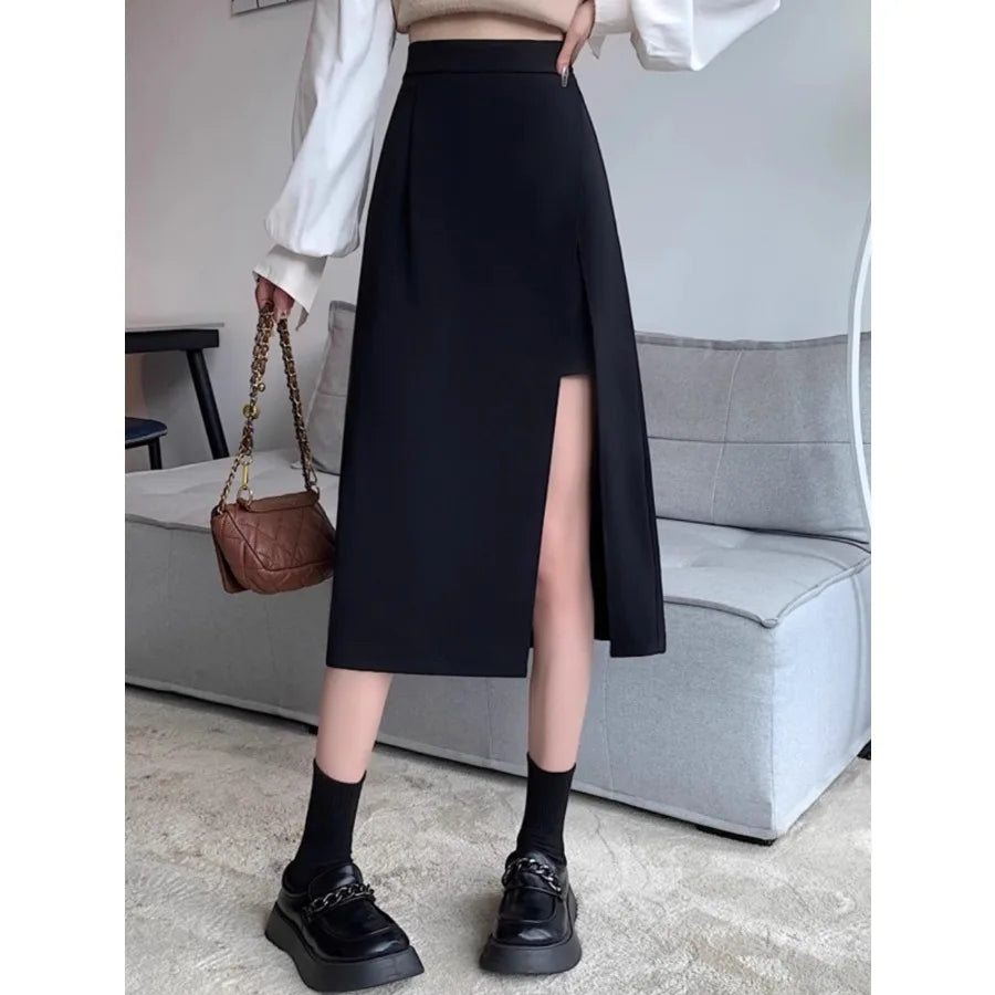 Front-Slit Mid-Long Pencil Skirt — High-Waist Body-Skimming Evening — color detail