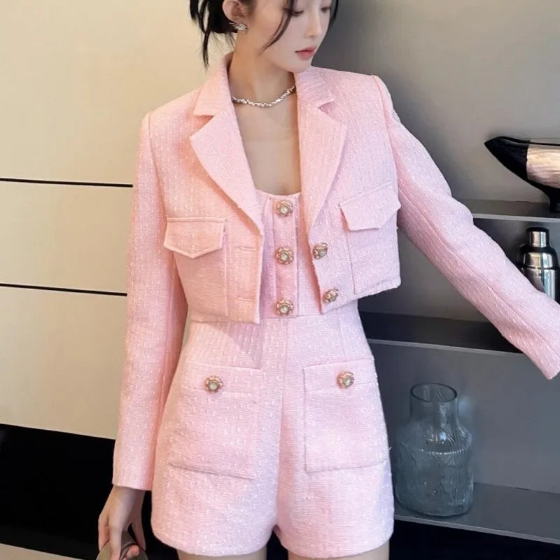 Office Lady Fashion Long Sleeve Pink Tweed Jacket Suspenders Playsuits Two Piece Set Sweet Women Spring Autumn Matching Sets