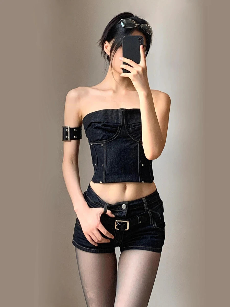 RORORIRI Steampunk Studded Corset Top Denim Shorts Women 2-piece Set Low Rise Short Pants Spliced Tube Top Retro Y2k Streetwear