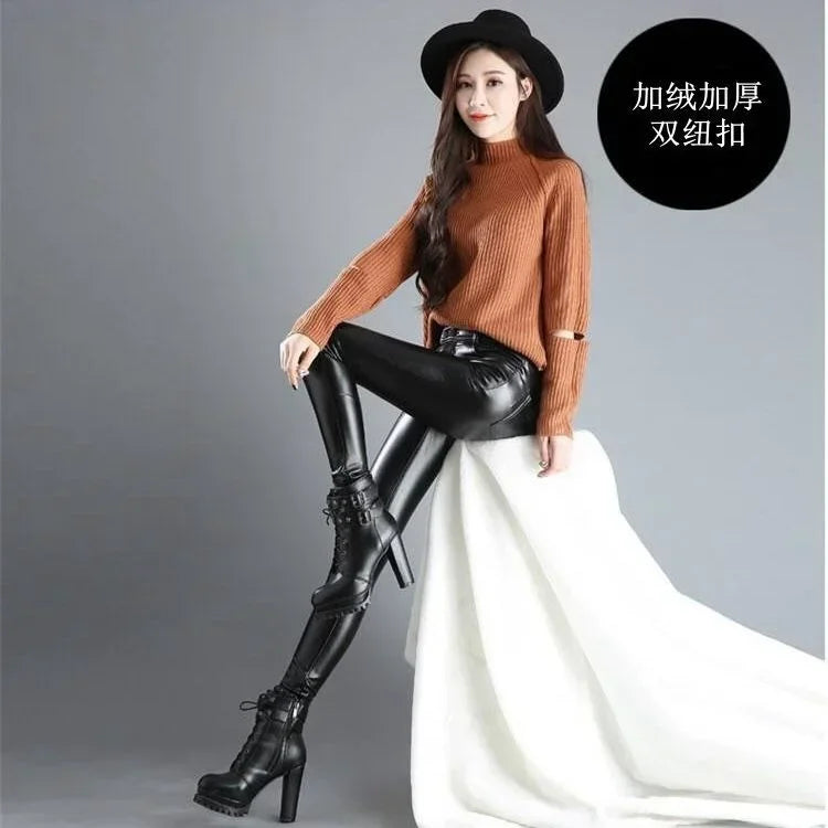 Leather Plush Thickened High Waist Elastic Korean Size Pu Pants Women's Small Korean Fashion