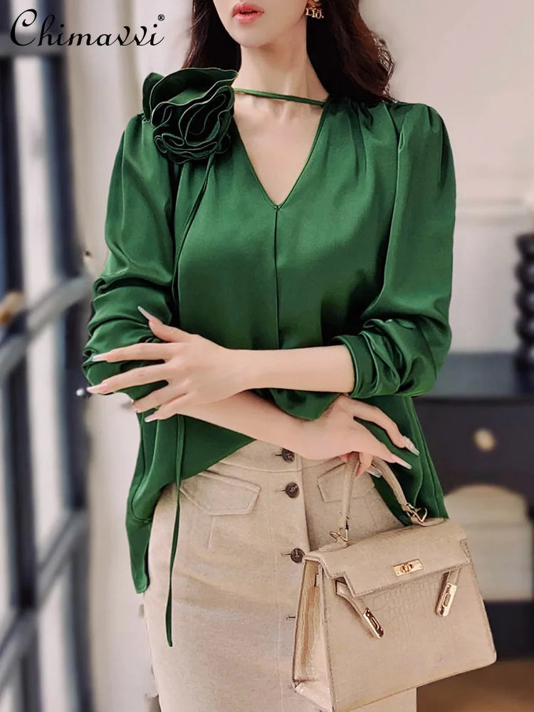 New Fashion Three-dimensional Flower Green Shirt Top Spring and Autumn Commuting Long-sleeved Loose Elegant Blouse Women Blusas