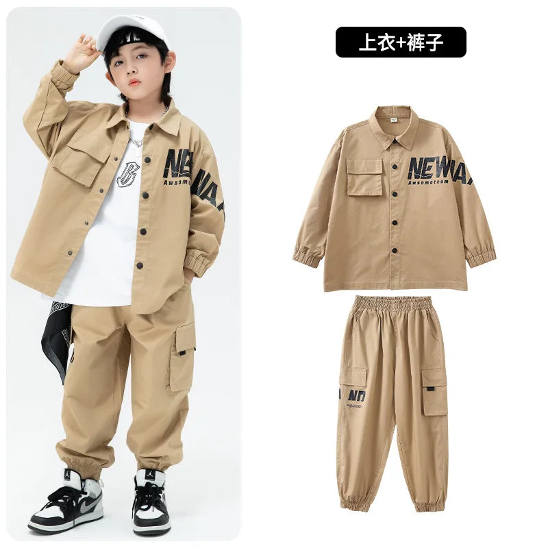 Kid Kpop Hip Hop Clothing Khaki Shirt Jacket Casual Streetwear Cargo Jogger Pants for Girl Boy Jazz Dance Costume Clothes Set