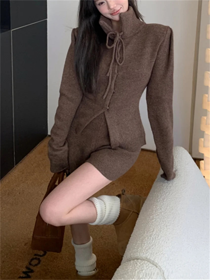 Alien Kitty Women’s Knitted Office Suit – Elegant Full Sleeve Sweater & Loose Shorts for Spring 2024