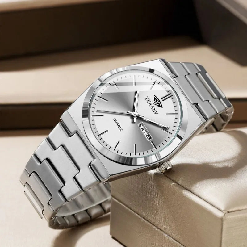 Men's Slim Stainless Steel Calendar Watch — Fashion Quartz Wristwatch — view 7 of watches