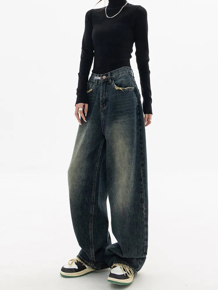 Y2K Women Vintage Streetwear Korean Baggy Blue Jeans