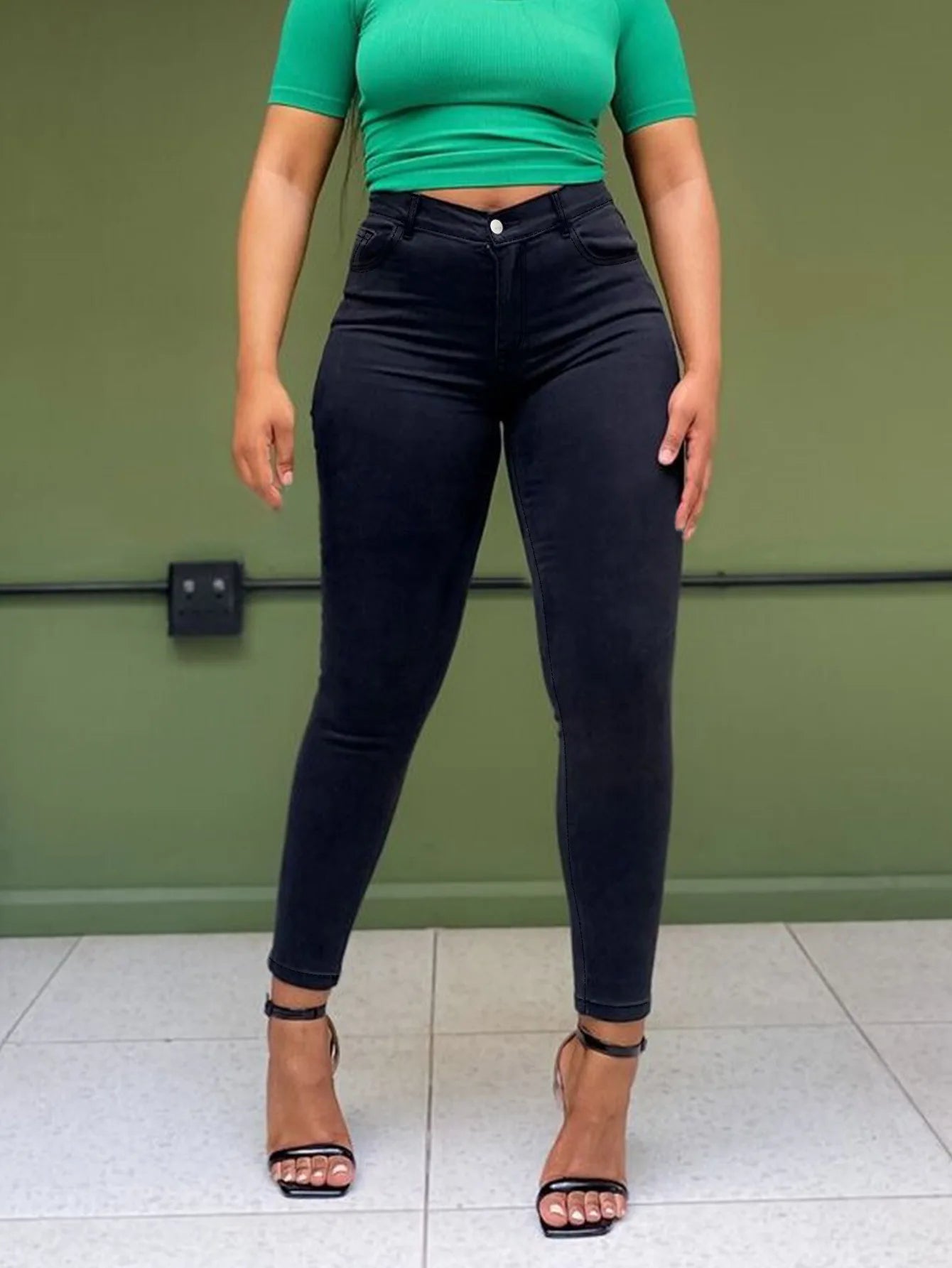 Plus-Size Black Skinny Jeans — Stretch Slim-Fit Elastic-Ankle Pants — variant view 4