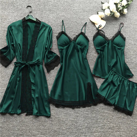 Sleepwear Silk Women Nightdress Lace Dress Robe Pajamas Set Satin Underwear for Women Full Coverage Negligee Lingerie Sexy