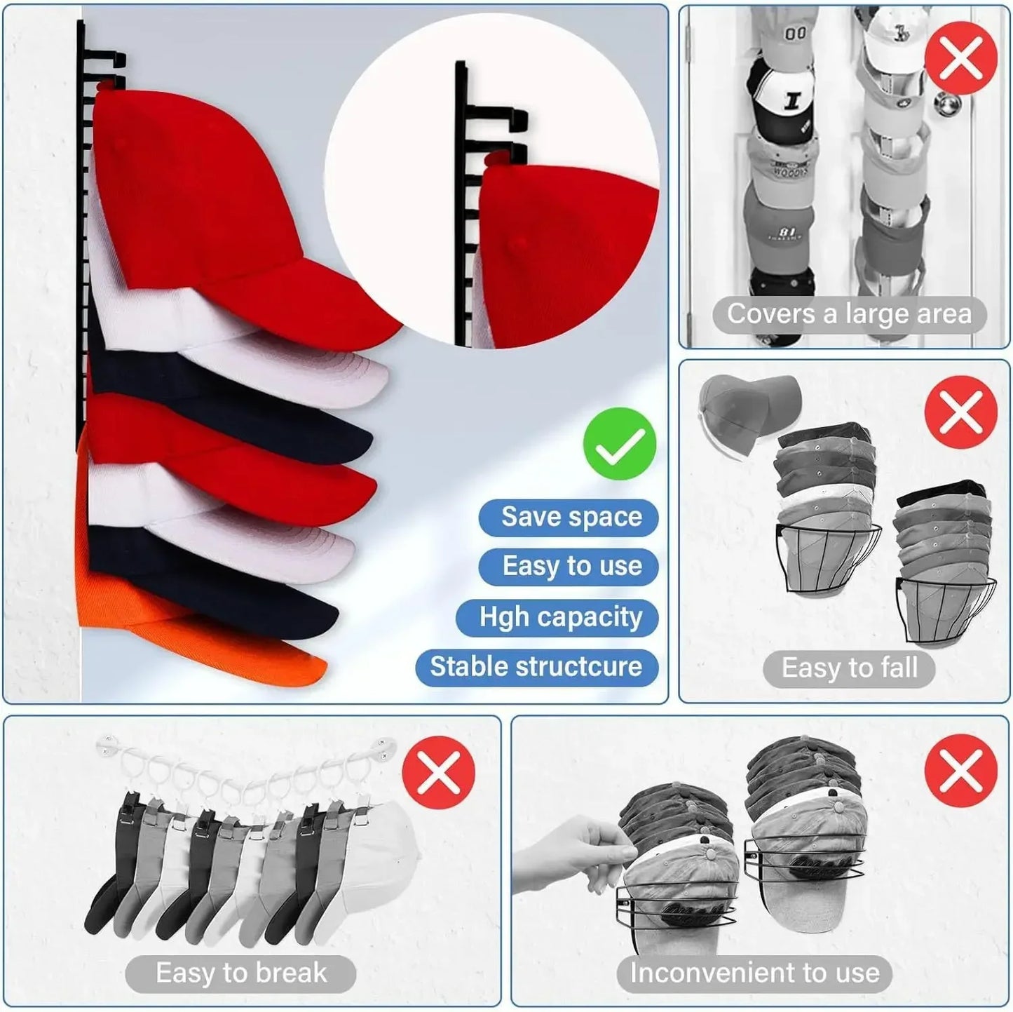 Storage Organizer 10-Grid Cap Rack — Wall-Mount Hat Holder Closet Hanger Space Saver — view 3 of storage & organisation