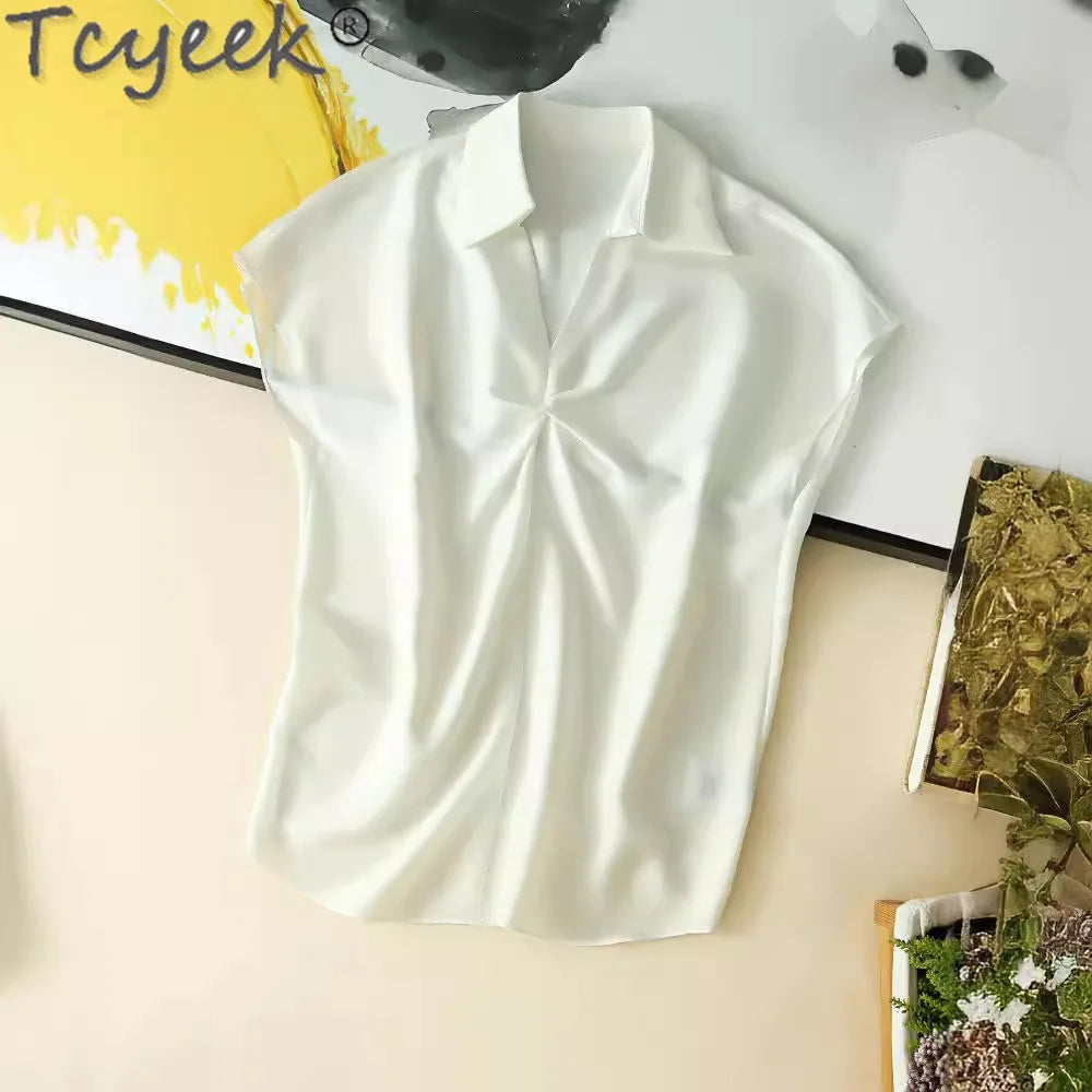 Tcyeek 93% Mulberry Silk Blouse for Women 2024 Thin Style Womens Tops Summer Clothes 7 Colors Sleeveless Top Blusas De Mujer