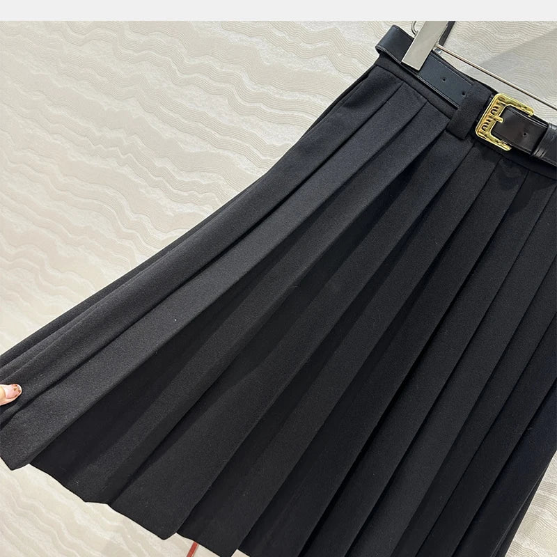 2024 AW Vintage College Style Pleated Skirt Women Brown Tweed Elegant Midi Skirt Metal Clasp Tie Women's Clothing