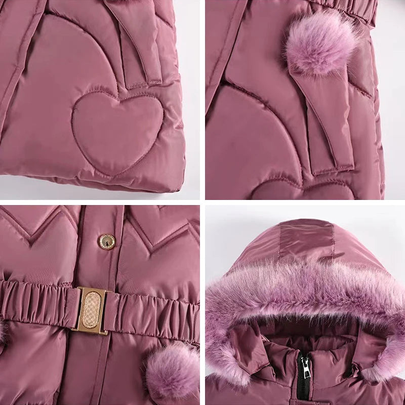 Winter Girls’ Hooded Fur Collar Coat – Warm & Thick Princess Jacket with Zipper (3-10 Years)