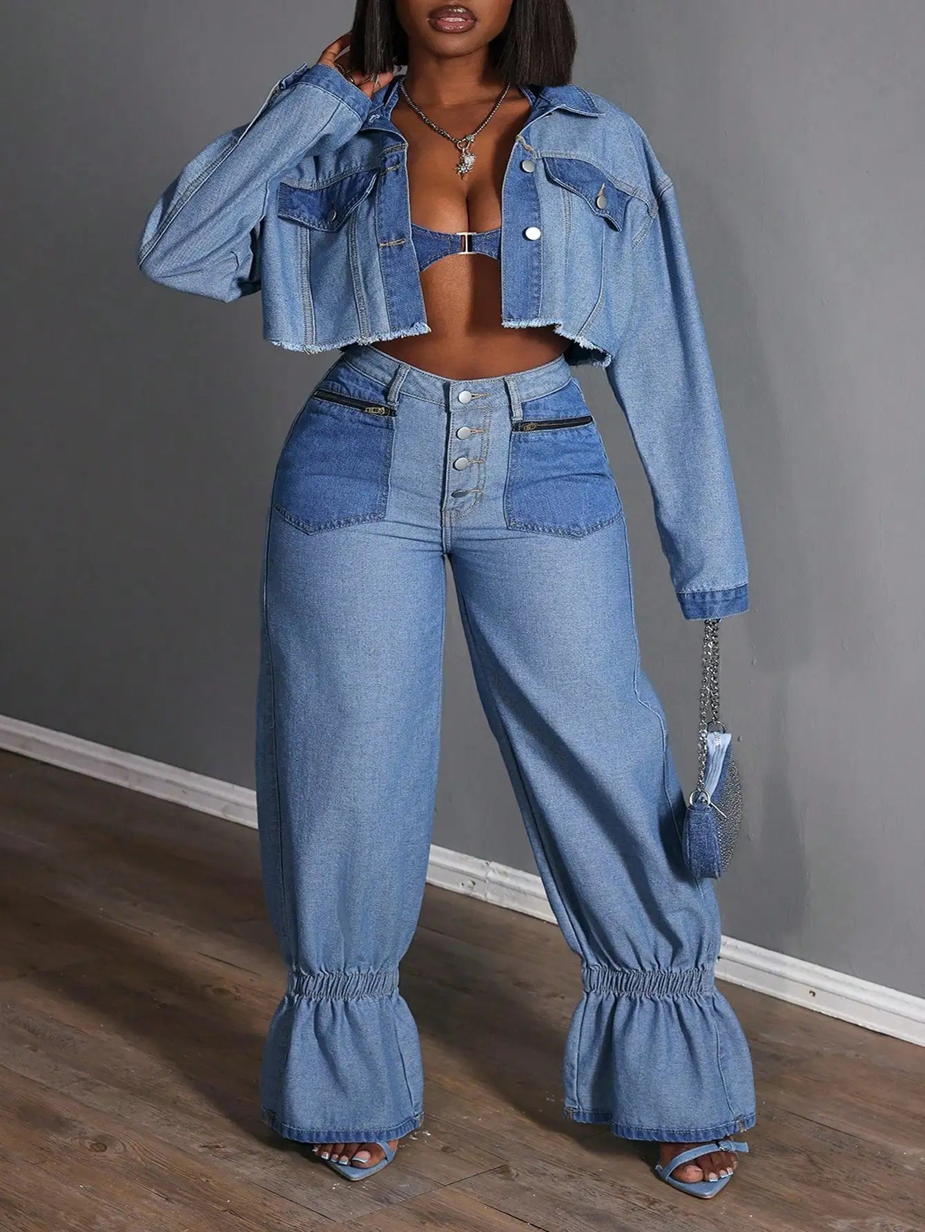 Plus-Size Ruffle-Hem Denim Jeans — Zipper Pocket Loose Casual Fit — back view