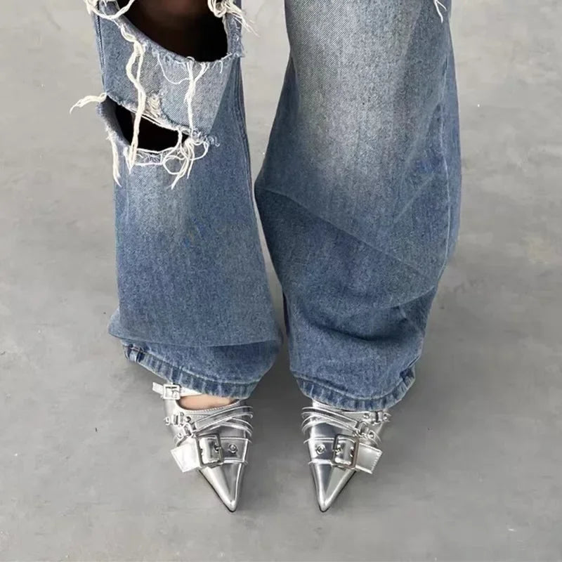 Heels & Pumps — Belt-Buckle Half-Drag Mule Pumps, Pointed-Toe Y2K Slip-On Heels — view 3 of heels & pumps