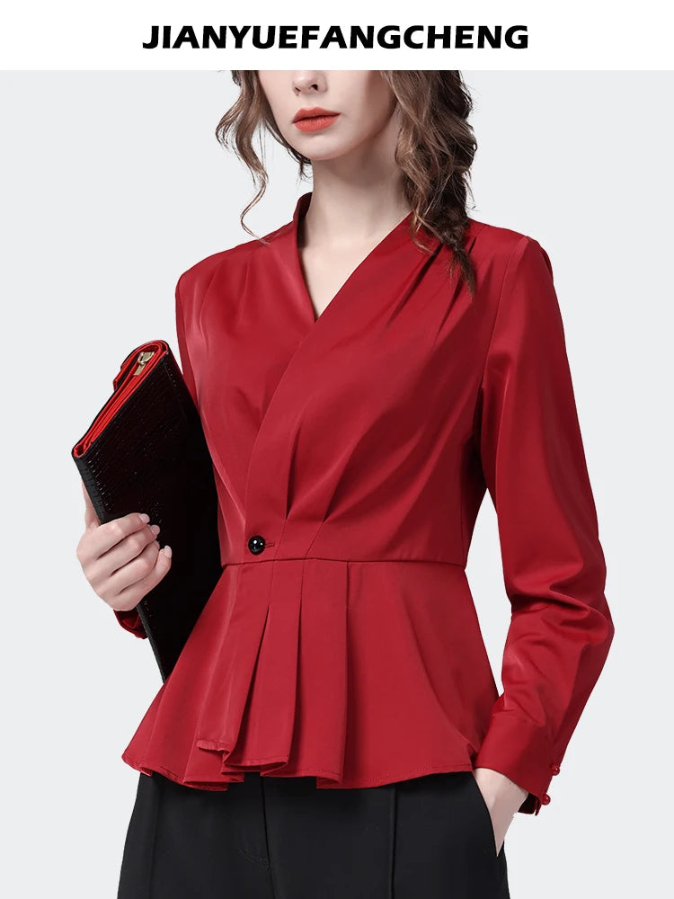 Office Ladies Red Satin Shirt Long Sleeve V-Neck Elegant Skinny Cinch Waist Top Fashion Female Formal Working Blouses