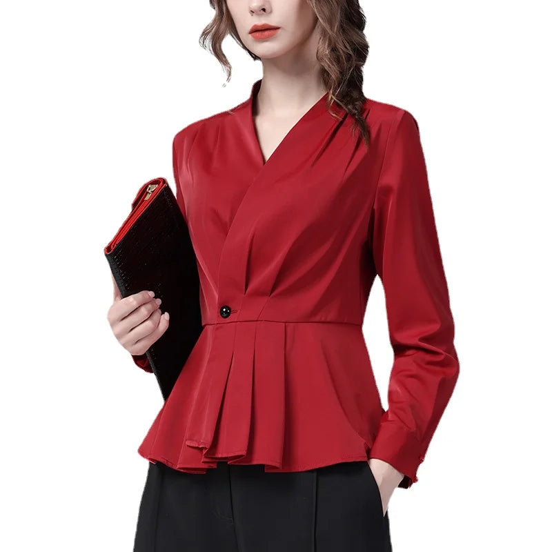 Office Ladies Red Satin Shirt Long Sleeve V-Neck Elegant Skinny Cinch Waist Top Fashion Female Formal Working Blouses