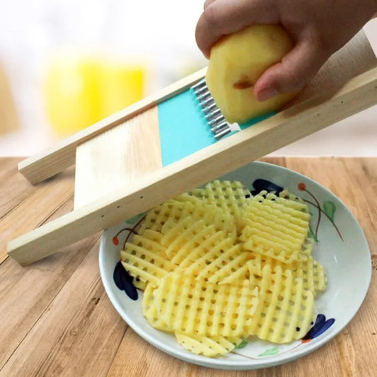 Fries Grid Potato Cutter with Wooden Push Block — Stainless Steel Chip Shredder — view 1 of kitchen gadgets