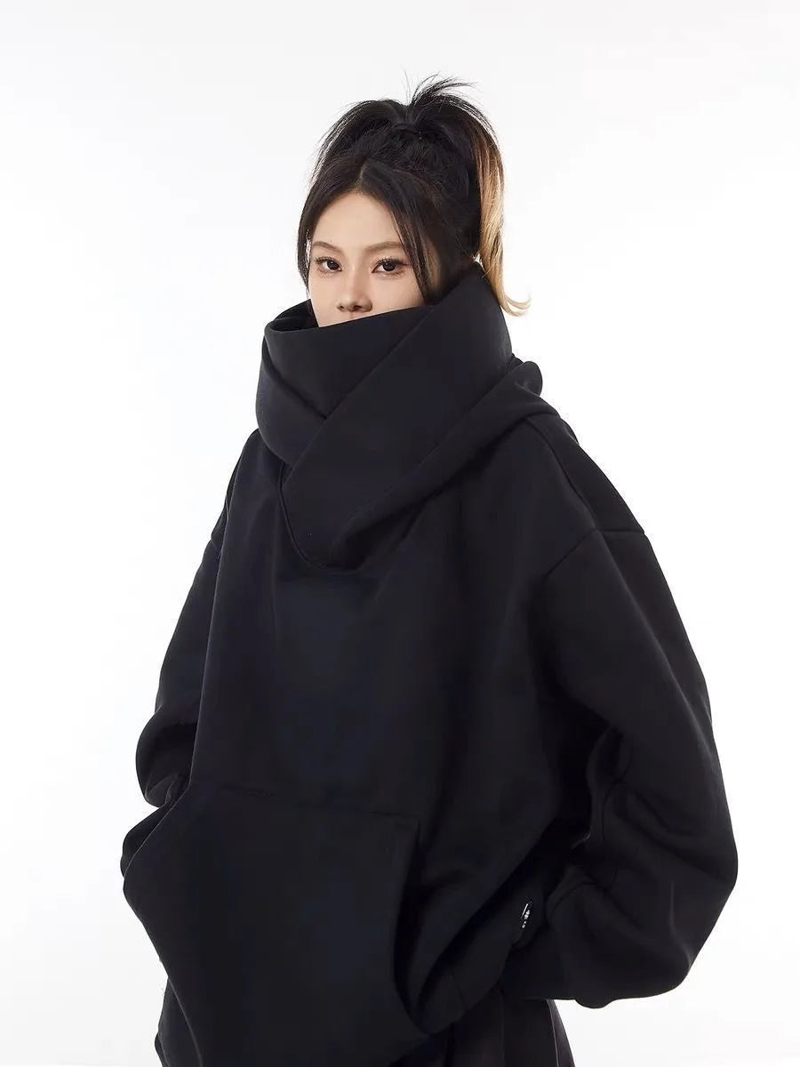 Men’s Solid Color Ninja Hoodie – Vintage Turtleneck Fleece Oversized Sweatshirt for Autumn Y2K Streetwear