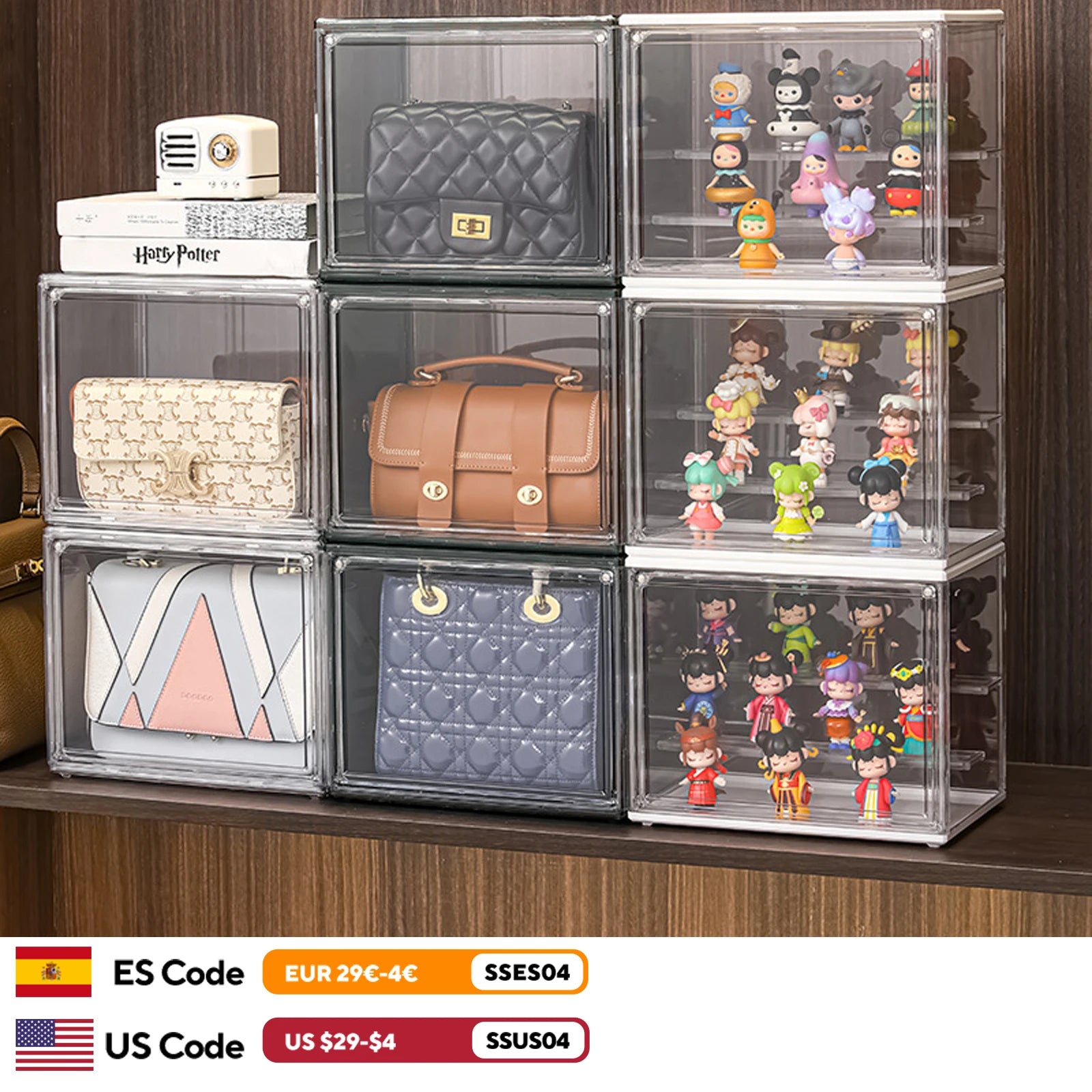 Clear Display Box Stackable Plastic Dustproof Storage Bins Figures Display Collectibles Bag Cosmetic Show Case with Interlayers