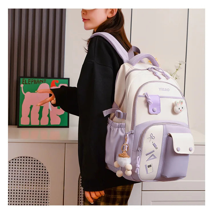 Cute rabbit children school backpack for teenage girls Fashionable splicing color contrast fresh lady knapsack kids schoolbags