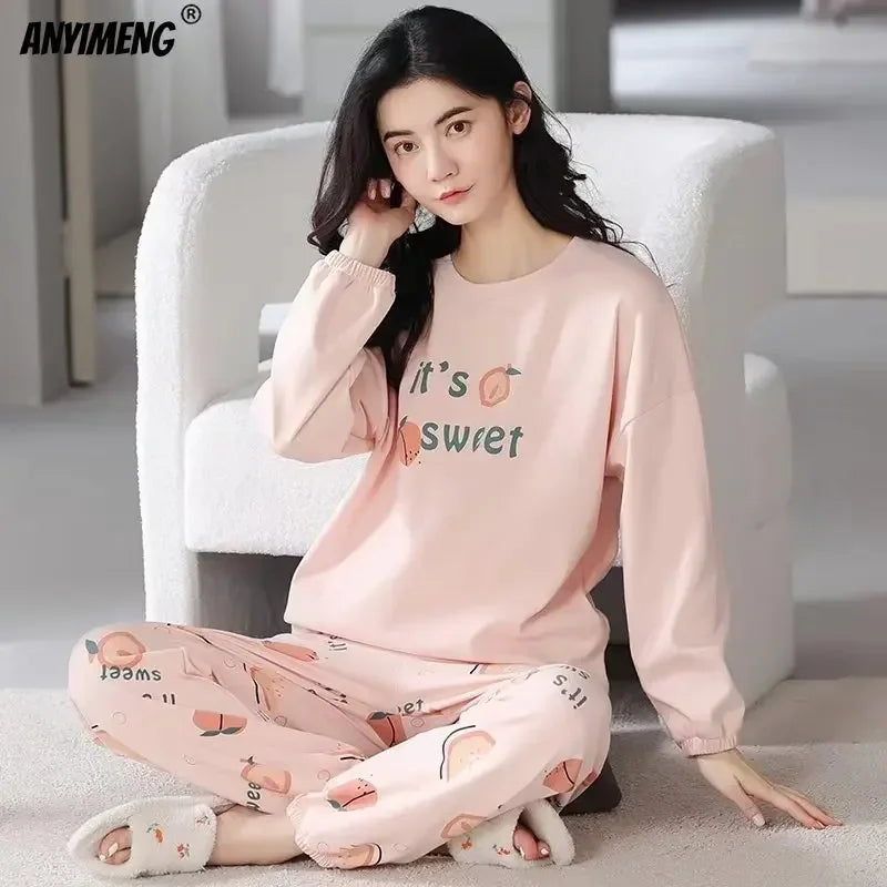 M-5XL Big Size Autumn Spring Pajamas Set for Women Kawaii Printing Sleepwear for Girl Fashion