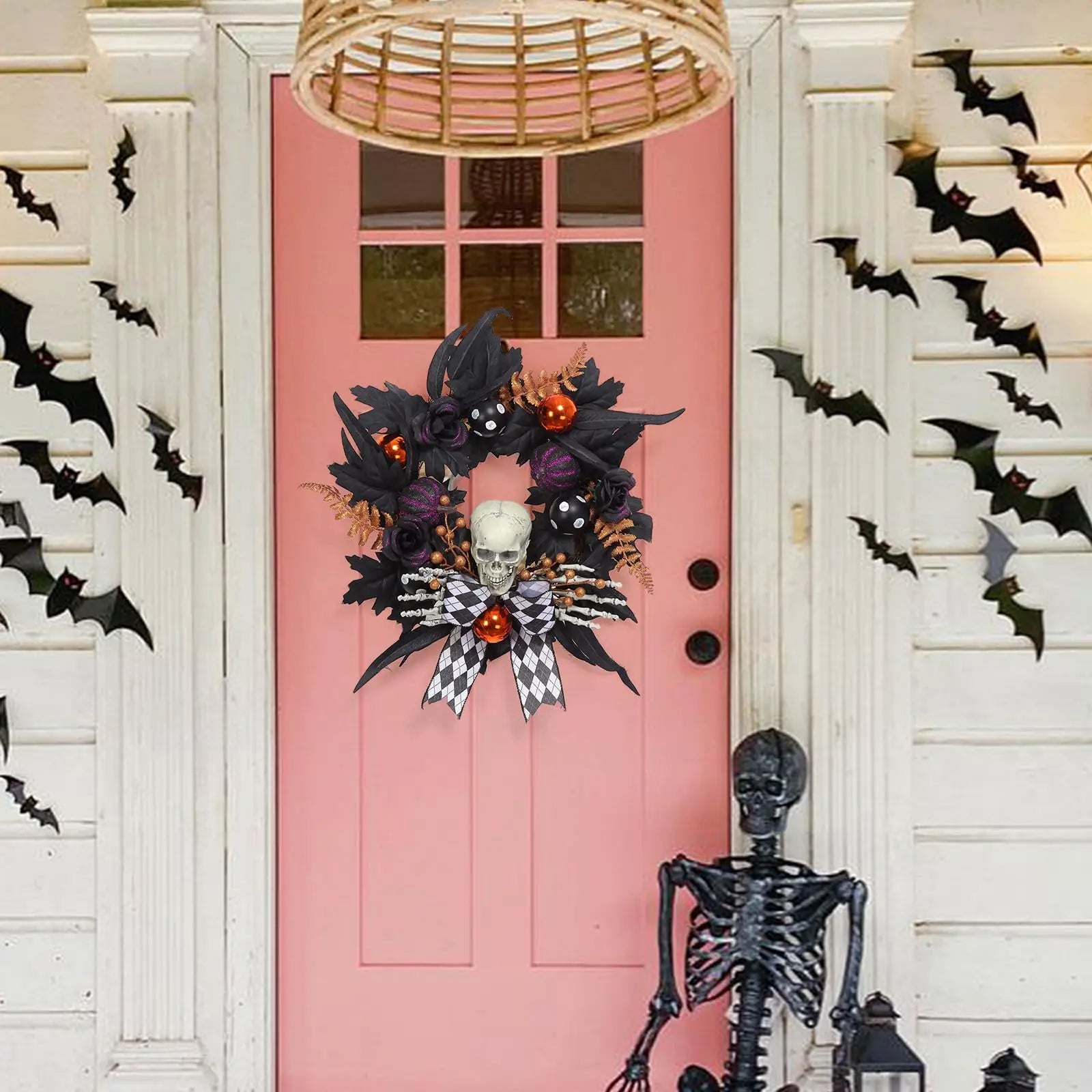 20-Inch Gothic Skeleton Halloween Wreath with Skulls & Pumpkins — product photo 7