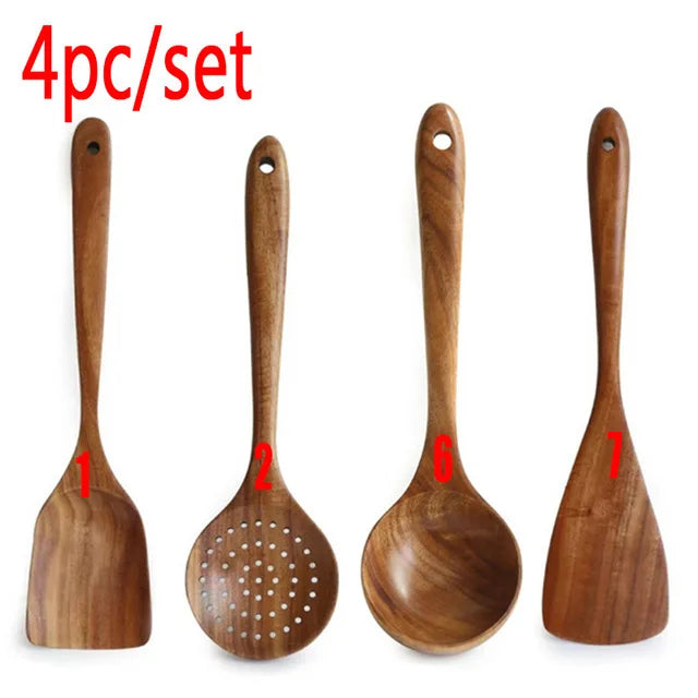 Teak Wooden Cooking Spoons Set — Smooth Non-Stick Kitchen Utensils (1-10 Pcs) — view 8 of dining & tableware