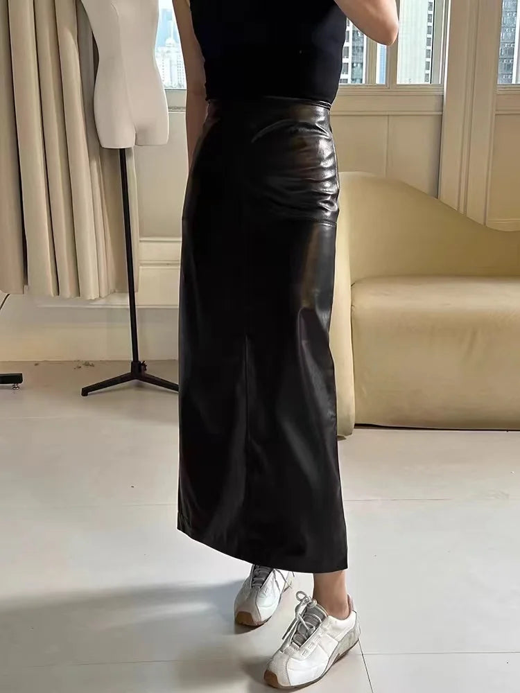 85 cm Long Ankle Length Leather Skirt for Women 100% Leather Straight Skirts Femme Casual Back Split Maxi Jupes Winter Clothing