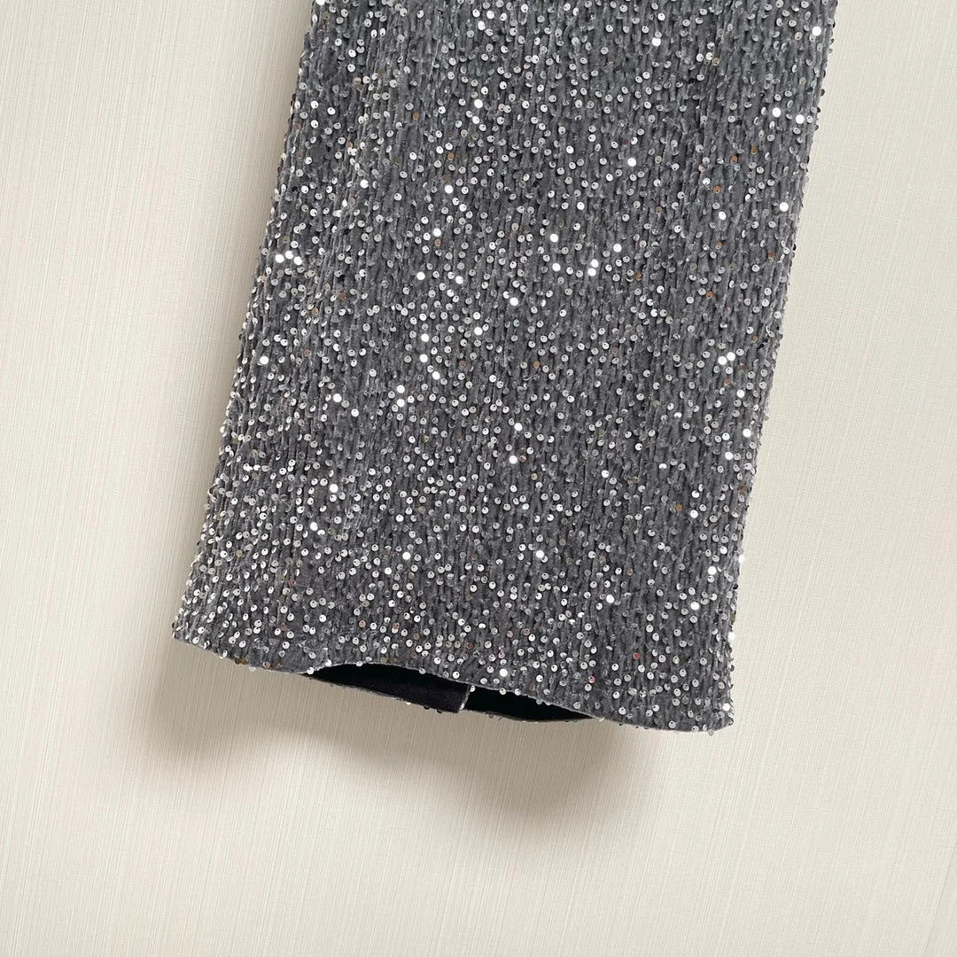 Autumn sequined skirt for women with high waist design, fine sequined starry sky feeling back slit skirt